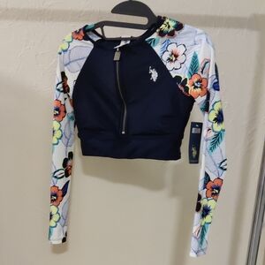 NEW U.S. Polo Assn. Navy Crop Rash Guard Floral Long Sleeves Padded Girls Size S